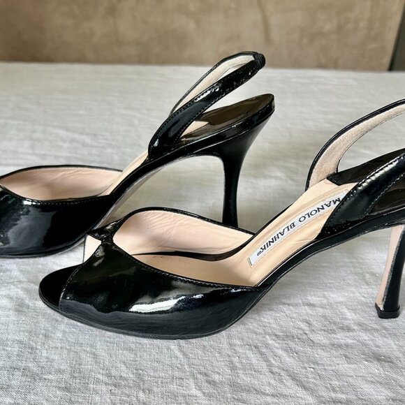 Manolo Blahnik Black Patent Slingback Heels Open Toe Peep Toe 38.5 / US 8.5 - Picture 8 of 9